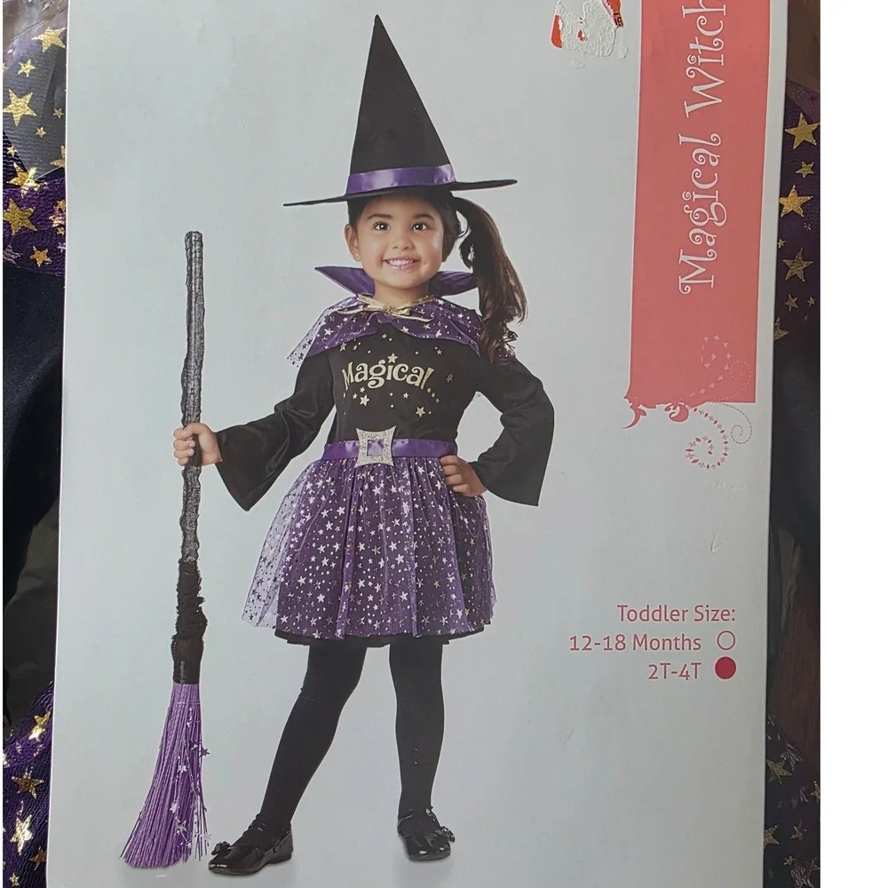Magical Witch Toddler Halloween Costume Dress Cape Hat Purple Black 2T-4T NEW
